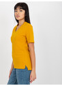 Fashionhunters Tmavě žluté dámské basic tričko s výstřihem do V