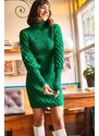 Olalook Women's Grass Green Sleeve and Skirt Textured Knitwear Dress