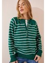 Happiness İstanbul Women's Dark Green Ecru Buttoned Collar Knitwear Sweater