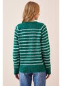 Happiness İstanbul Women's Dark Green Ecru Buttoned Collar Knitwear Sweater