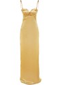 Trendyol světle žlutá vazba saténové dlouhé večerní šaty s oknem / výřezem detail