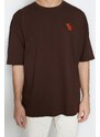 Trendyol Brown Oversize/Wide Cut Animal Embroidery Short Sleeve 100% Cotton T-Shirt