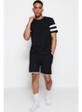 Trendyol Black Regular Fit Crew Neck Sleeve Striped Pajamas Set with Shorts