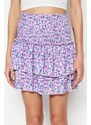 Trendyol Purple Floral Patterned Skirt With Ruffle High Waist Crescent Mini Knitted Skirt