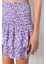 Trendyol Purple Floral Patterned Skirt With Ruffle High Waist Crescent Mini Knitted Skirt