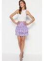 Trendyol Purple Floral Patterned Skirt With Ruffle High Waist Crescent Mini Knitted Skirt