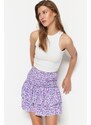 Trendyol Purple Floral Patterned Skirt With Ruffle High Waist Crescent Mini Knitted Skirt