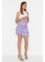 Trendyol Purple Floral Patterned Skirt With Ruffle High Waist Crescent Mini Knitted Skirt