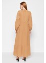 Trendyol Camel Textured Fabric Double Breasted Neck Woven Dress