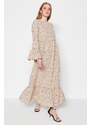 Trendyol Dark Beige Floral Patterned Woven Cotton Dress with Flounce Detail on the Sleeves