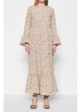 Trendyol Dark Beige Floral Patterned Woven Cotton Dress with Flounce Detail on the Sleeves