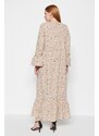 Trendyol Dark Beige Floral Patterned Woven Cotton Dress with Flounce Detail on the Sleeves