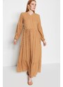 Trendyol Camel Textured Fabric Double Breasted Neck Woven Dress