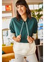 Olalook Women's Emerald Green Contrast Asymmetric Hooded Sweatshirt