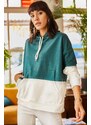 Olalook Women's Emerald Green Contrast Asymmetric Hooded Sweatshirt