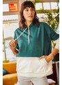 Olalook Women's Emerald Green Contrast Asymmetric Hooded Sweatshirt