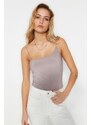 Trendyol Mink Asymmetrical Collar Detailed Straps Fitted/Sticky Bodysuit With Snap Buttons Knitted Body