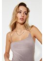 Trendyol Mink Asymmetrical Collar Detailed Straps Fitted/Sticky Bodysuit With Snap Buttons Knitted Body