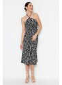 Trendyol Black Zebra Patterned Barbell Neck Shift/Straight Midi Knitted Dress