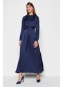 Trendyol Navy Blue Waist Belted Satin Evening Dress