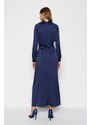 Trendyol Navy Blue Waist Belted Satin Evening Dress