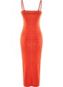 Trendyol oranžové lemované pletené lesklé elegantní večerní šaty