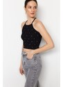 Trendyol Black Stones Detailed Fitted Crop, Corduroy Stretch Knitted Blouse