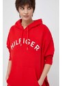 Bavlněná mikina Tommy Hilfiger dámská, červená barva, s kapucí, s aplikací