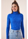 Happiness İstanbul Women's Vibrant Blue Turtleneck Corduroy Lycra Sweater