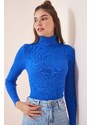 Happiness İstanbul Women's Vibrant Blue Turtleneck Corduroy Lycra Sweater