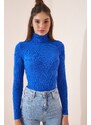 Happiness İstanbul Women's Vibrant Blue Turtleneck Corduroy Lycra Sweater