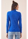 Happiness İstanbul Women's Vibrant Blue Turtleneck Corduroy Lycra Sweater