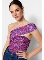 Trendyol Pink Patterned Asymmetric Collar Detailed Fitted/Situated Flexible Snaps Knitted Bodysuit