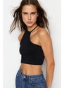 Trendyol Black Seamless One-Shoulder Fitted/Slippery Crop Stretch Knitted Blouse