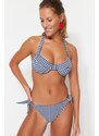 Trendyol Navy Blue Gingham Texturovaný Tie-Up Regular Leg Bikini Bottom