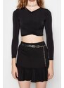 Trendyol Black Slim Shromážděná detailní Crop Elastická Pletená Halenka