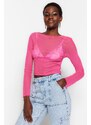 Trendyol Pink Stitch Detail Fitted/Situated Crew Neck Crop Tulle Elastic Knitted Blouse