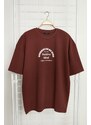 Trendyol Brown Oversize Crew Neck Short Sleeve Text Printed Thick Cotton T-Shirt