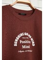 Trendyol Brown Oversize Crew Neck Short Sleeve Text Printed Thick Cotton T-Shirt