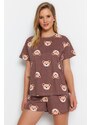 Trendyol Brown 100% Cotton Teddy Bear Patterned T-shirt-Shorts Knitted Pajamas Set