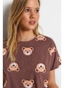 Trendyol Brown 100% Cotton Teddy Bear Patterned T-shirt-Shorts Knitted Pajamas Set