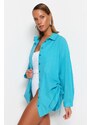 Trendyol Turquoise Pleated Woven Beach Shirt