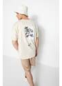 Trendyol Stone Oversize/Wide Fit Crew Neck Floral Printed Short Sleeve 100% Cotton T-Shirt