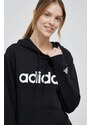 Bavlněná mikina adidas dámská, černá barva, s kapucí, vzorovaná