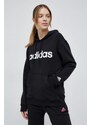 Bavlněná mikina adidas dámská, černá barva, s kapucí, vzorovaná