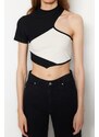 Trendyol Black Color Block Crew Neck Fitted/Situated Ribbed Flexible Knitted Blouse