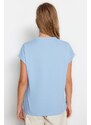 Trendyol Blue 100% Cotton Printed Relaxed Cut Basic Crew Neck Low Sleeve Knitted T-Shirt