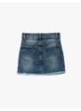 Koton Mini Denim Skirt with Pockets, Tassels at the Hem, Button Fastening, Adjustable Elastic Waist.