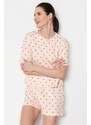 Trendyol Light Pink 100% Cotton Heart Patterned T-shirt-Shorts Knitted Pajamas Set