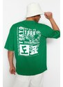 Trendyol zelené oversize/široký orientální potisk s krátkým rukávem 100% bavlněné tričko